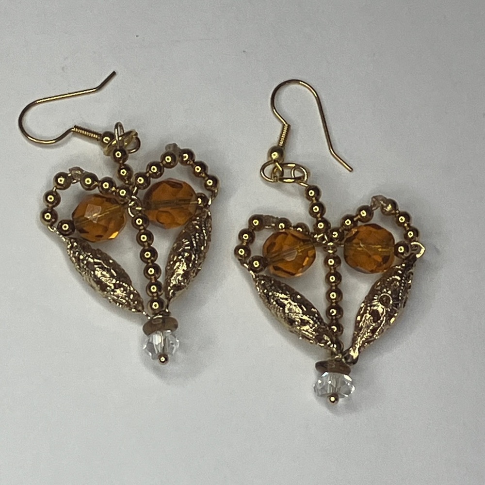 Gold and Amber Heart Design Earrings handmade pierced slip on wire earrings